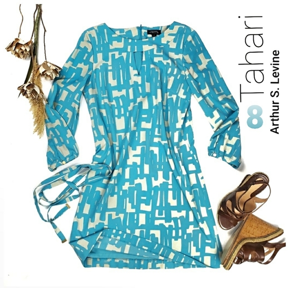 Tahari Dresses & Skirts - Tahari  Blue Tan Belted Cut Out Shift Dress Sz 8